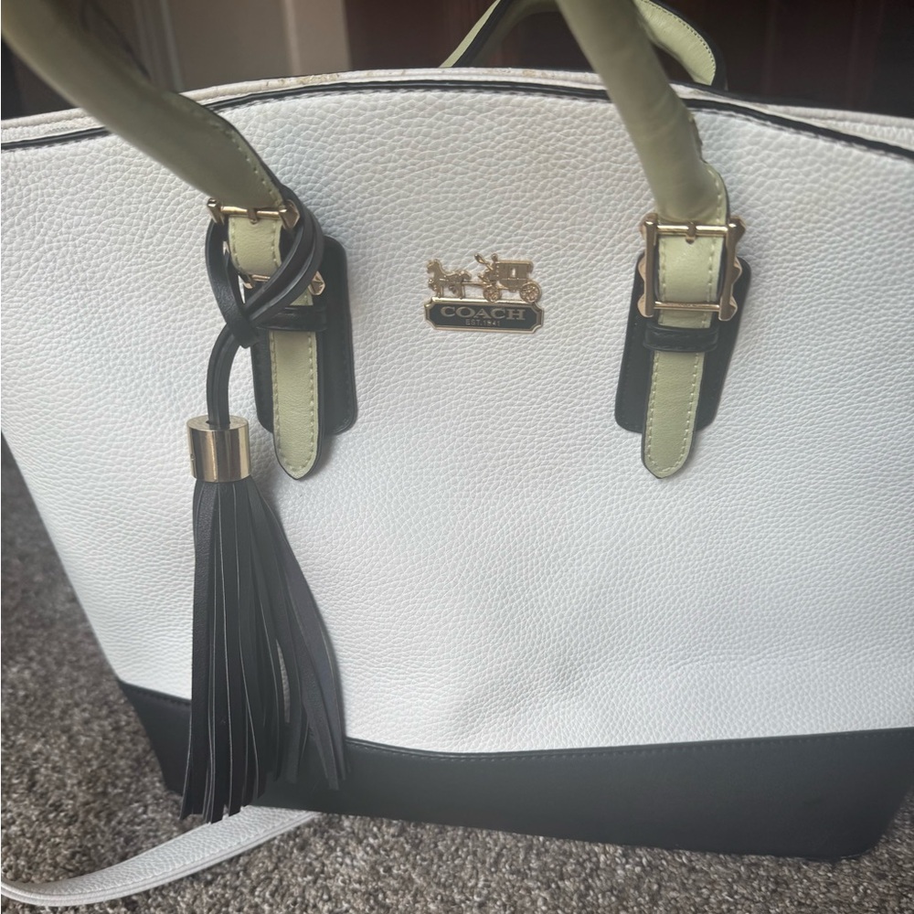 Coach White and Black Tote with Textured Leather and Gold Hardware